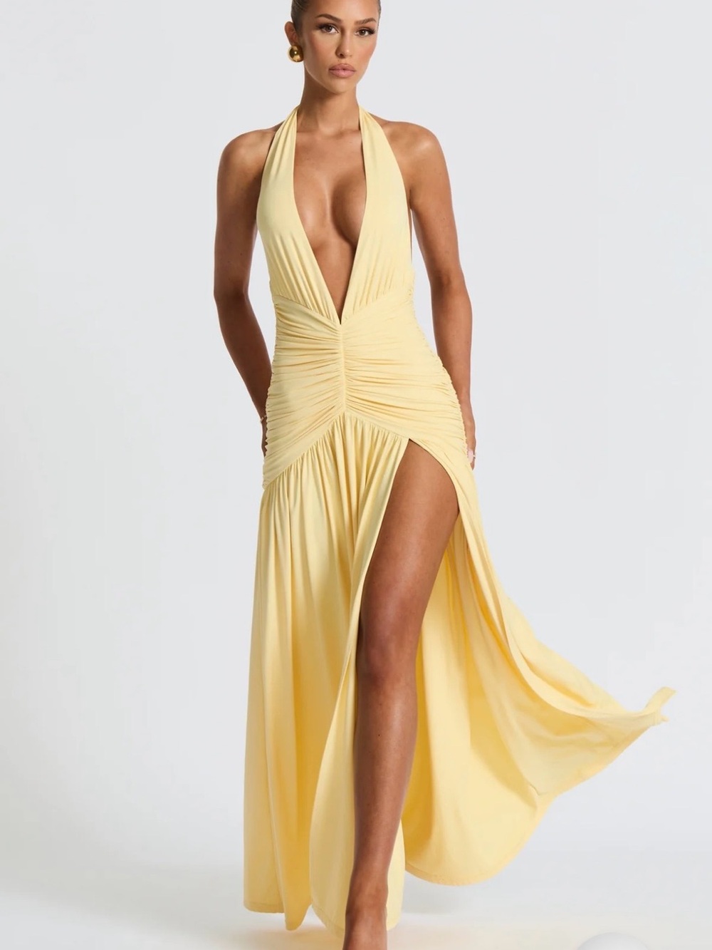 Halter V-Neck Yellow Maxi Dress with High Slit